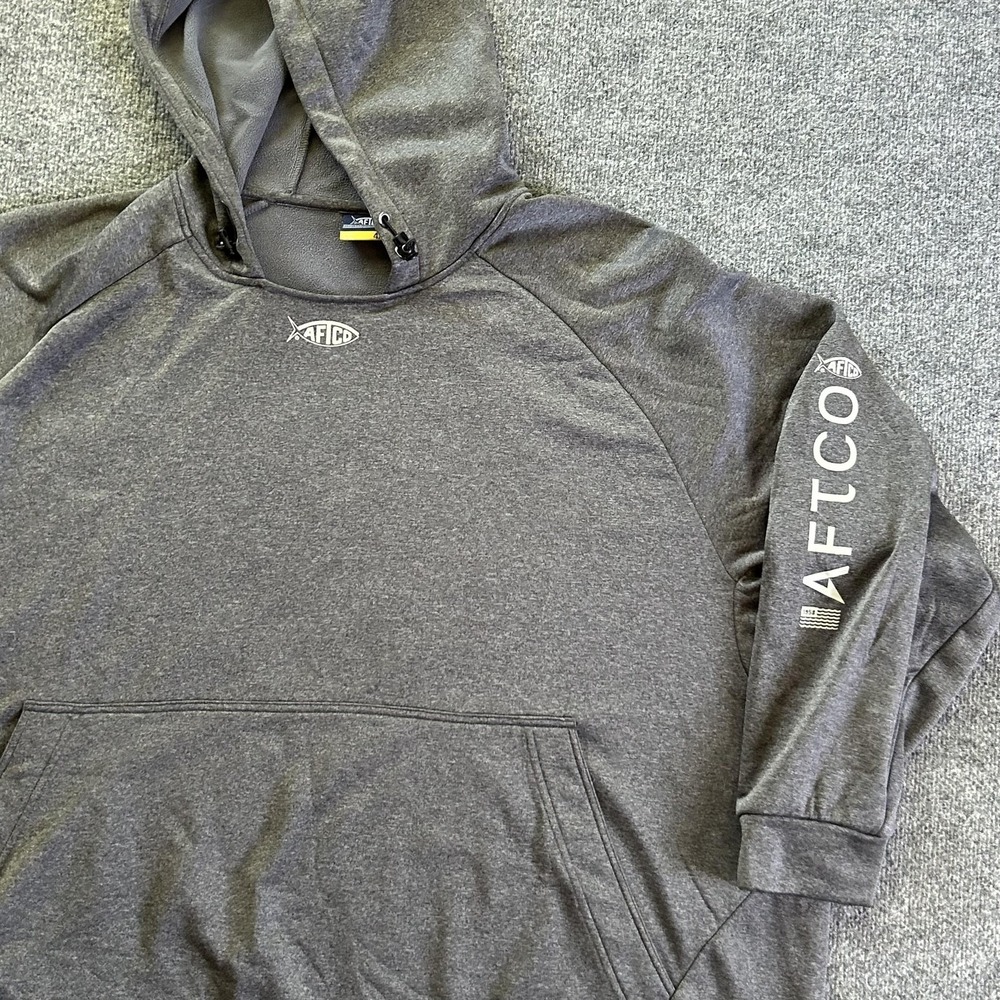 AFTCO Hoodie Mens 4XL Gray Fleece Pullover Fishing Logo Sleeve Graphic USA